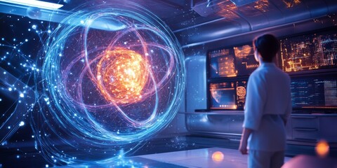 Aufkleber - A person stands in a futuristic lab, gazing at an illuminated atomic structure. The vibrant colors create a mesmerizing effect. This image represents innovation and scientific exploration. AI.