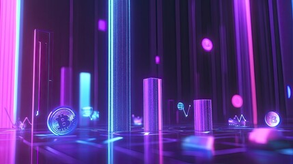 Poster - Financial growth visualized with a 3D bar graph and cryptocurrency symbols, glowing in purple and blue futuristic light.