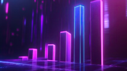 Poster - Financial growth visualized with a 3D bar graph and cryptocurrency symbols, glowing in purple and blue futuristic light.