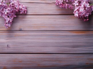 Wall Mural - Lilac flowers on a wooden background with copy space for text. Greeting card or banner design. Spring concept. 