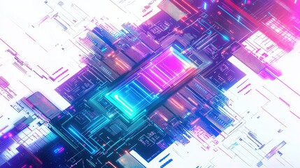 Poster - Futuristic AI logo with a detailed circuit layout, isolated on a white background and colorful holographic accents.