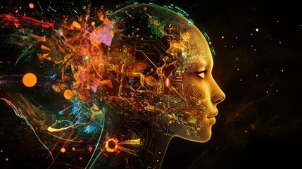 Poster - Futuristic concept showing a head outline with AI, circuits, and digital elements in a glowing, tech-inspired design.