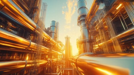 Poster - Futuristic industrial pipelines gleam under the sun, highlighting innovation and precision in large-scale engineering.
