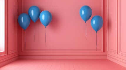 Aufkleber - Bright blue balloons gracefully float against a soft pink pastel background, enhancing the studio's minimalistic design. This creative space inspires imagination and artistic expression