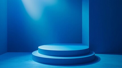 Poster - A modern blue podium stands ready for product presentations in a stylish exhibition gallery. Harsh lighting accentuates its sleek design, perfect for showcasing fashion items