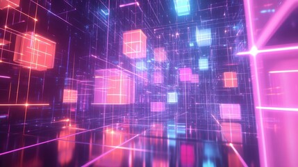 Poster - High-tech 3D cubes and blocks floating in a digital space, symbolizing the futuristic metaverse and network connections.