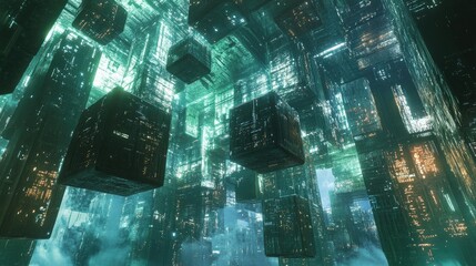 Poster - High-tech 3D cubes and blocks floating in a digital space, symbolizing the futuristic metaverse and network connections.