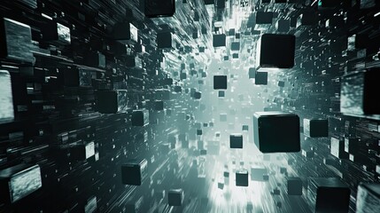 Poster - High-tech 3D cubes and blocks floating in a digital space, symbolizing the futuristic metaverse and network connections.