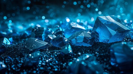 Aufkleber - Vivid blue crystals glisten on a dark background, reflecting soft light that enhances their sharp edges and creates an ethereal glow, evoking a sense of wonder and beauty in the viewer.