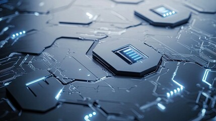 Poster - Minimalist blue lock with circuit lines over a hexagonal white grid, showcasing secure technology concepts.
