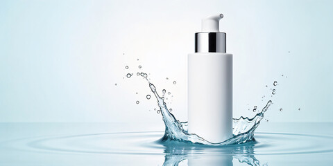 A modern white pump bottle of serum or lotion sits amidst a splash of water on a background, evoking a sense of freshness and vitality.