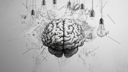 Poster - Minimalist hand-drawn brain with surrounding light bulbs and abstract zigzag lines, symbolizing ideas and creativity.