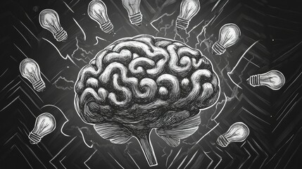 Poster - Minimalist hand-drawn brain with surrounding light bulbs and abstract zigzag lines, symbolizing ideas and creativity.