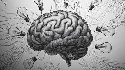 Poster - Minimalist hand-drawn brain with surrounding light bulbs and abstract zigzag lines, symbolizing ideas and creativity.