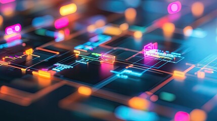 Poster - Modern blockchain network with neon colors, representing cryptocurrency and advanced digital finance solutions.