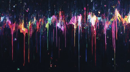 Poster - Multicolored vertical light streaks with glitch effects over a dark background, representing a digital futuristic theme.