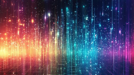 Poster - Multicolored vertical light streaks with glitch effects over a dark background, representing a digital futuristic theme.