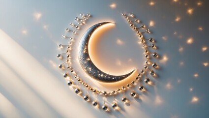 Poster - a crescent moon made of shimmering metallic material surrounded by sparkling beads catches the soft 