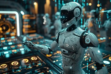 Poster - single robot engaging with holographic control panel in a futuristic digital environment, representi