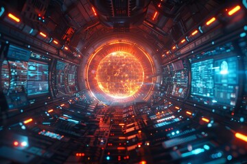 Fototapete - Glowing 3D cybersecurity shield encases digital network, representing protection, data security, and advanced technology in a futuristic virtual environment.