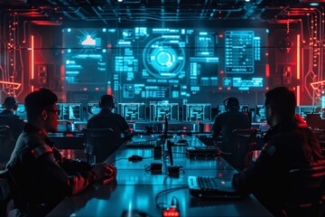 Poster - Cybersecurity professionals in a war room analyze data on multiple screens, coordinating network defense in an intense, high-tech environment with red and blue lighting.