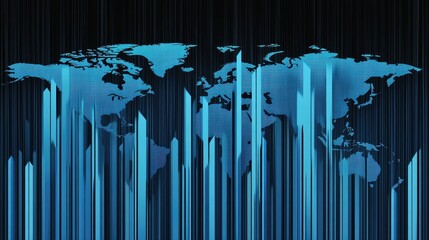Poster - Multiple blue arrows ascending in front of a striped world map, representing economic or business growth in a modern style.