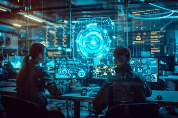 Poster - Team of cybersecurity experts monitors holographic interface with shield icon, symbolizing advanced digital defense mechanisms in high-tech environment.