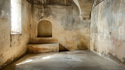 Aufkleber - A sunlit, empty room with aged, textured walls, a stone niche, and a window.