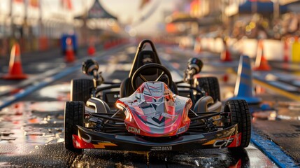 Aufkleber - A go kart stands on a freshly wet racing track, illuminated by vibrant lights while orange cones line the lanes. The atmosphere is electric with anticipation for the upcoming races.