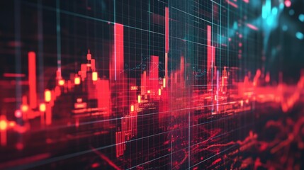 Poster - Red arrow rising on a white background with gridlines, line charts, and bar graphs, symbolizing financial growth and trends.