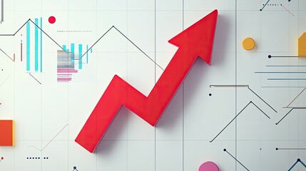 Poster - Red arrow rising on a white background with gridlines, line charts, and bar graphs, symbolizing financial growth and trends.