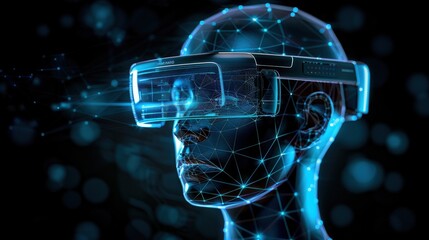 Poster - High-tech wearable headset with holographic display overlaying digital data on human head, showcasing futuristic design, advanced biometric sensors, innovation in personal technology.