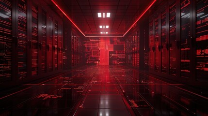 Poster - Advanced red-lit data server room with high-tech panels and glowing displays, digital innovation, data processing, technological infrastructure for esports, competitive gaming operations.