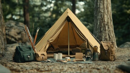 Poster - A vintage canvas tent pitched in a forest with camping gear arranged outside.