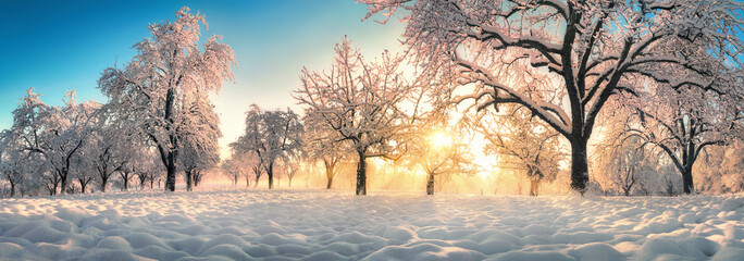 Wall Mural - Enchanted winter wonderland, a landscape panorama with snow on trees