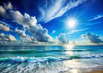 Wall Mural - Stunning Ocean Seascape: Blue Sky, Sunlit Waves & Copy Space