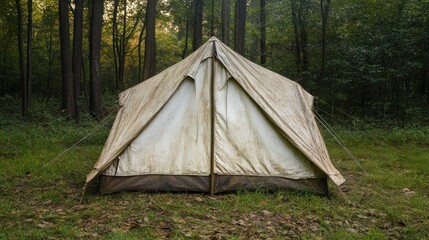 Poster - A vintage canvas tent pitched in a lush green forest.