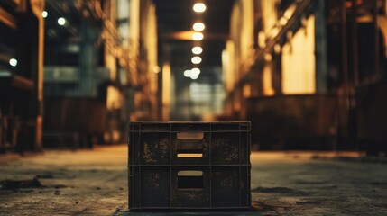 Aufkleber - A weathered plastic crate sits in a dimly lit, abandoned industrial building.