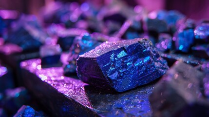 Aufkleber - A collection of sparkling mineral crystals glimmers under colorful lighting, showcasing unique textures and reflections in a fascinating display of natural beauty.