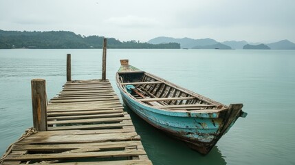 Naklejka na meble Travel inspiration with a traditional wooden boat moored at a pier, overlooking the iconic Phang-Nga Bay landscape in Phuket, Thailand.