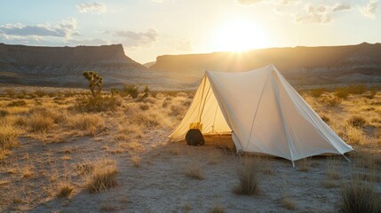 Poster - A white canvas tent pitched in a desert landscape at sunset.