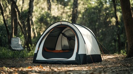 Poster - A white dome tent pitched in a forest, open doorway showing interior.