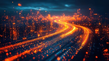 Poster - Futuristic city highway at night, data flow, technology