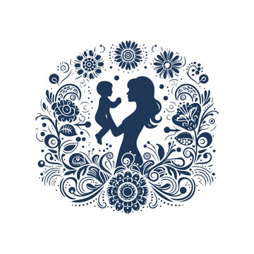 Stylish Mother and Son Silhouette with Floral Leaf Vector Background