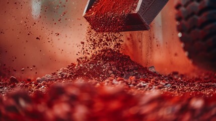 Aufkleber - Heavy machinery is tilting to dump red soil on a construction site. The bright midday sun casts shadows while dust particles fill the air, creating a dynamic and busy atmosphere.
