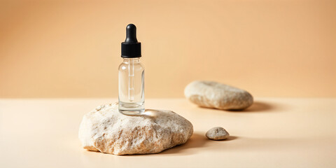 Mockup of amber glass bottle with facial serum on granite stone stand. Container with dropper lid surrounded by dry twigs. Essential oil for care of women's skin on brown background