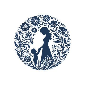 Stylish Mother and Son Silhouette with Floral Leaf Vector Background
