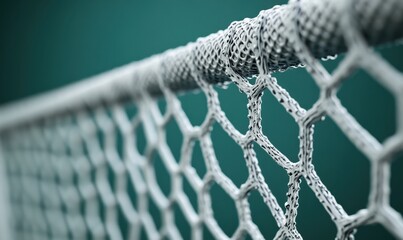 Close-up of wet hockey net, blurred background