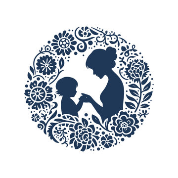 Mother and Son Silhouette Surrounded by Abstract Floral Leaves