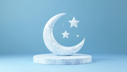 Marble moon stars display stand, blue background, Ramadan